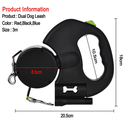 3M Retractable Dog Leash for Small Dogs Reflective Dual Pet Leash Lead 360 Swivel No Tangle Double Dog Walking Leash with Lights